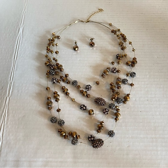 Beaded Necklace & Earring Set Faceted Glass Copper Gunmetal Layered Necklace - Picture 7 of 16